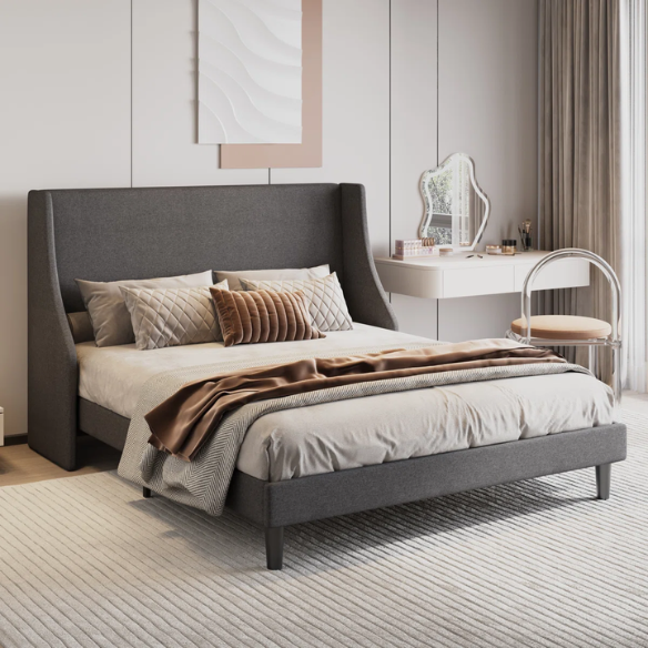 Modern Queen Size Upholstered Platform Bed with Deluxe Wingback and Linen Blend Fabric