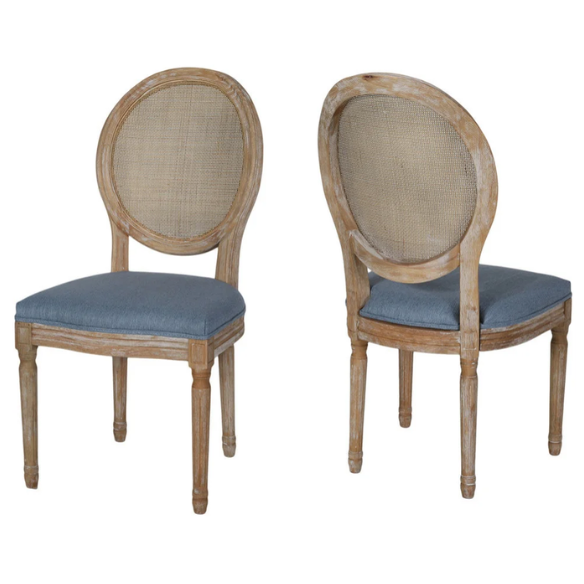 Light Denim Blue Upholstered Dining Chairs with Wicker Back and Natural Wood Frame (Set of 2) – French Country Farmhouse Accent Seating