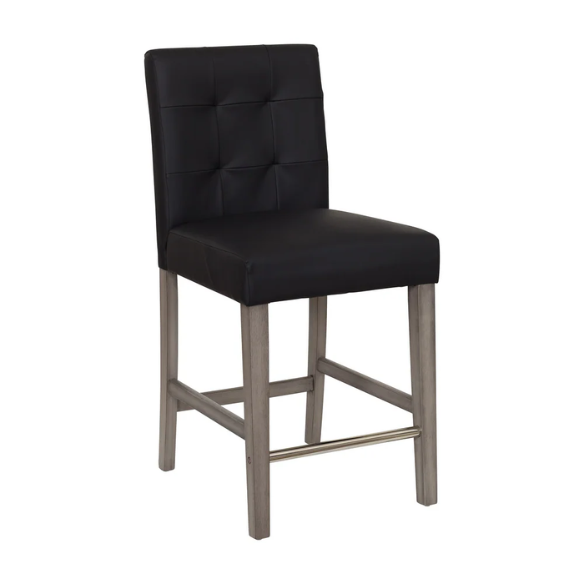 Upholstered 25" Counter Height Bar Stool – Modern Farmhouse Design with Tufted Back, Foam Padded Seat, Washed Grey Solid Wood Legs, and Durable Steel Footrest