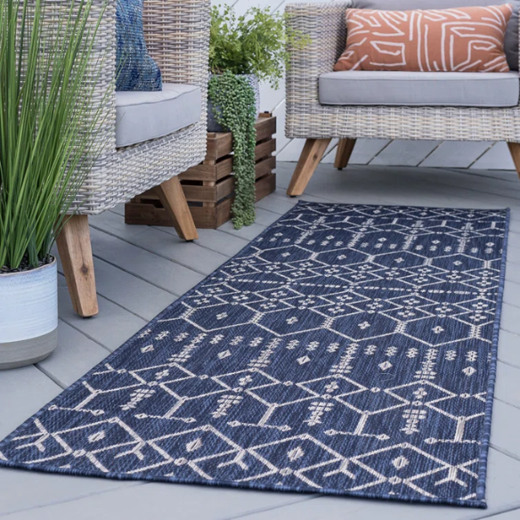 Boho-Inspired Navy & Grey Geometric Rug – Fade & Stain-Resistant, Low-Pile, Perfect for High-Traffic Indoor/Outdoor Spaces