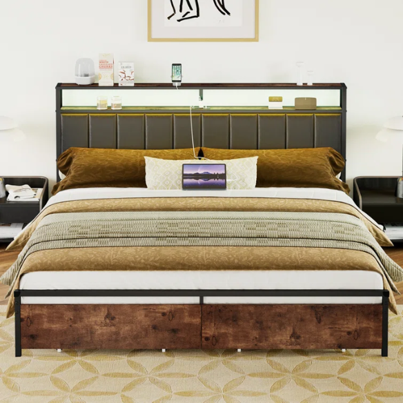 Modern LED King Size Bed Frame with Storage Drawers and Built-in Charging Station