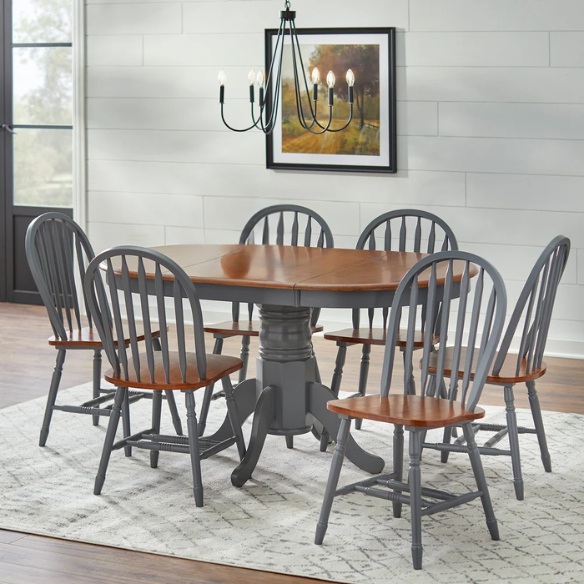 7-Piece Farmhouse Solid Wood Dining Set with Extension Leaf – Pedestal Table & Windsor Chairs
