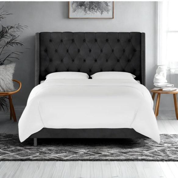 Chic Upholstered Wingback King Size Bed with Button Tufting and Nailhead Trim