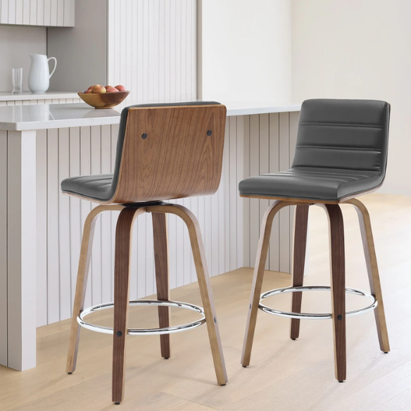 Mid-Century Modern Faux Leather Swivel Counter/Bar Stools – 360° Swivel, Padded PU Leather Seat & Back, Durable Bentwood Legs, Metal Footrest, Supports Up to 440lbs for Home Bar or Kitchen