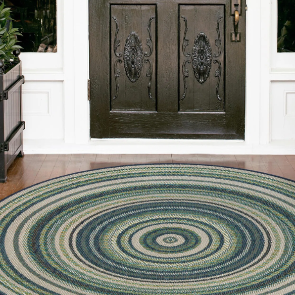 Coastal-Inspired Geometric Rug – Fade & Stain-Resistant,Ivory,Green,Blue Pattern, Ideal for Indoor/Outdoor Use