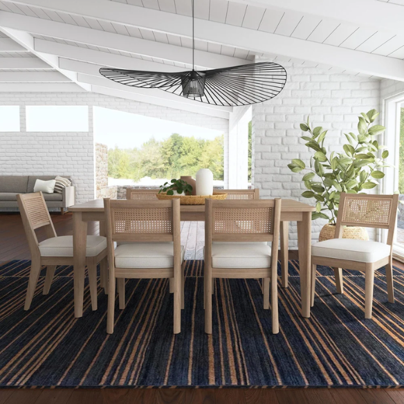 7-Piece Brown Wood Rectangle Dining Set – Mid-Century Boho Style with Sustainable Oak & Cane Details