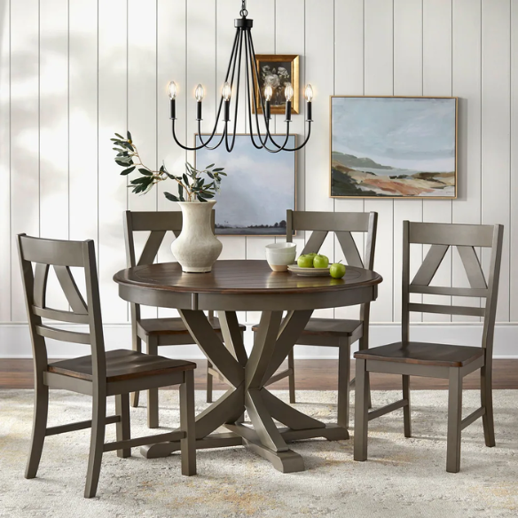 Country-Style 5-Piece Dining Set – Round Beadboard Table with X-Base and Geometric Back Chairs