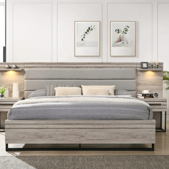 Upholstered Wood Wallbed Set with White LED Lights, Dresser, Mirror, Chest, and 2 Nightstands in Weathered Gray