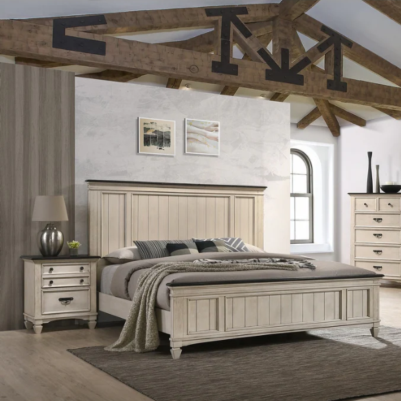 Elegant 5-Piece Cream and Brown Modern Wood Panel Bedroom Set with Intricate Detailing