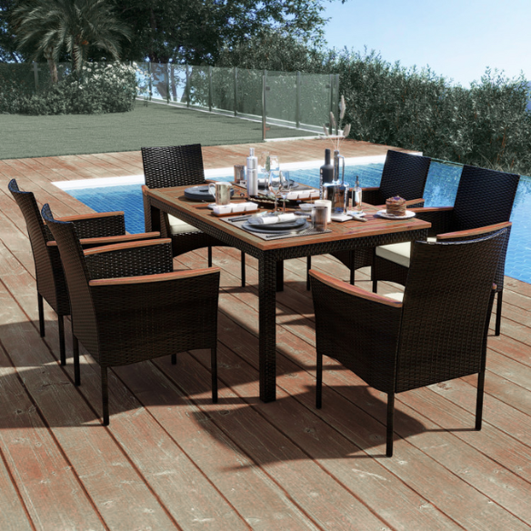7-Piece Patio Dining Set | Wicker Outdoor Dining Set with Acacia Wood Table | Perfect for Garden and Yard Gatherings