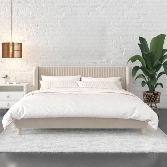 King Size Upholstered Wingback Platform Bed – Luxe Velvet Headboard with Vertical Tufting, Mid-Century Modern Design, and Space-Saving Wooden Frame
