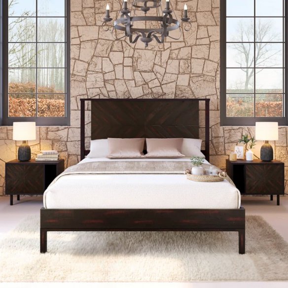 Solid Wood Platform King Size Bed with Headboard and Sturdy Steel Frame, Rustic Design