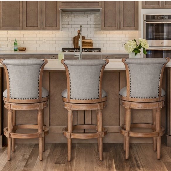 Swivel Bar-Height Stool with High Seat Back – Elegant Curved Back, 180° Automatic Return Swivel, Nail Head Trim, Metal Footrests, and Cushioned Foam Seat for Ultimate Comfort