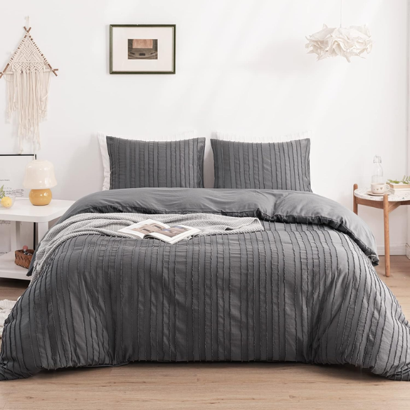 Luxurious Tufted Duvet Cover Set – Queen Size | Striped Textured Boho Bedding | Ultra-Soft Washed Microfiber | 3-Piece Set