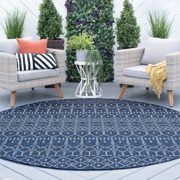 Boho-Inspired Navy & Grey Geometric Rug – Fade & Stain-Resistant, Low-Pile, Perfect for High-Traffic Indoor/Outdoor Spaces