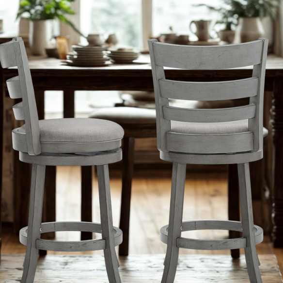 Upholstered Back Swivel Bar Stool – Durable Rubberwood Frame, 360° Swivel Seat, Ring Footrest, and Foam-Padded Linen or Faux Leather Upholstery for Comfortable Everyday Dining