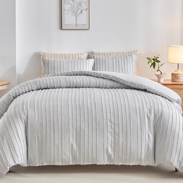 Luxurious Tufted Duvet Cover Set – Queen Size | Striped Textured Boho Bedding | Ultra-Soft Washed Microfiber | 3-Piece Set