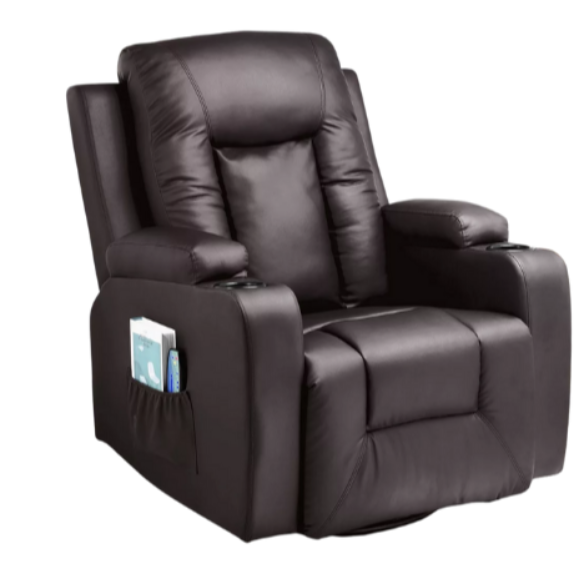 Mocha Brown Massage Recliner with Heat, Vibration, and Swivel – Comfort and Style. Features 8 vibrating motors, 5 massage modes, heating function for waist relief, manual reclining, and rocking. Includes remote control, cup holders, and side pocket for convenience. Ideal for relaxation in living rooms and bedrooms.
