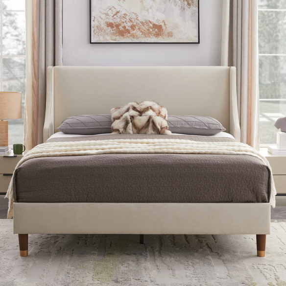 Elegant Linen Wingback Upholstered Platform Bed Frame – Luxurious Full Double Size Design with Gold Piping, Sturdy Support, and Effortless Assembly