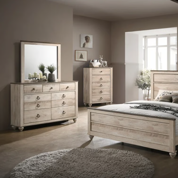 Rustic and Refined 6-Piece Contemporary Driftwood King Bedroom Set with Dovetail Construction and Antique-Inspired Distressed Finish