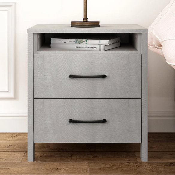 22.7" 2-Drawer Nightstand – Space-Saving Modern Minimalism, Engineered Wood with Clean-Lined Silhouette, Neutral Finish, Open Cubby & 2 Spacious Drawers for Bedroom Storage, Ideal for Tech & Accessories