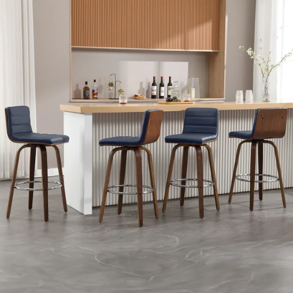 Mid-Century Modern Faux Leather Swivel Counter/Bar Stools – 360° Swivel, Padded PU Leather Seat & Back, Durable Bentwood Legs, Metal Footrest, Supports Up to 440lbs for Home Bar or Kitchen