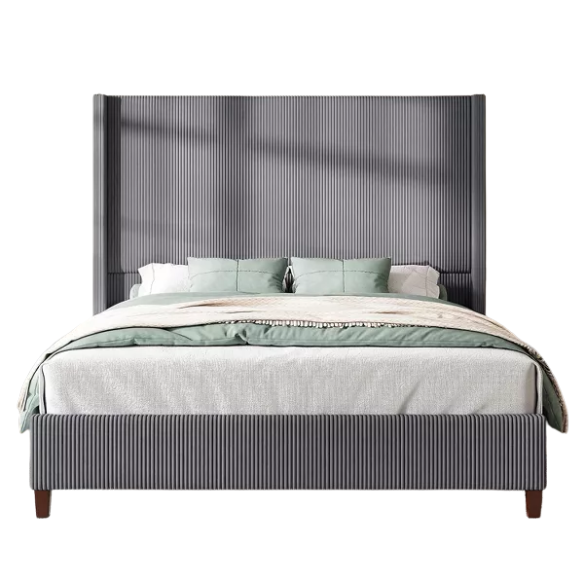 Queen Size Upholstered Wingback Platform Bed in Ribbed Corduroy Fabric