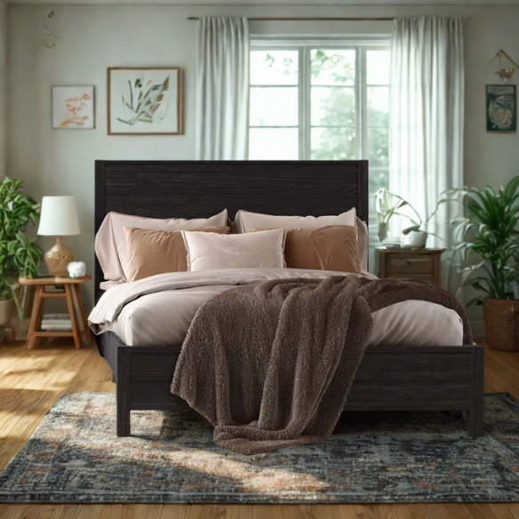 Rustic Solid Pine Wood King Size Panel Bed with Distressed Finish and Streamlined Headboard