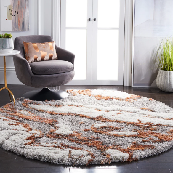 Plush Abstract Rust, Grey, and White Pattern Shag Rug