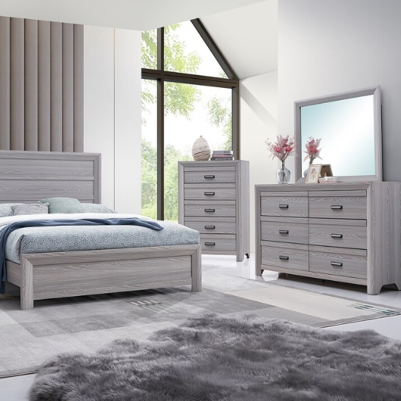Contemporary Gray Panel Queen Bedroom Set – Bed, Dresser, Mirror & Nightstand