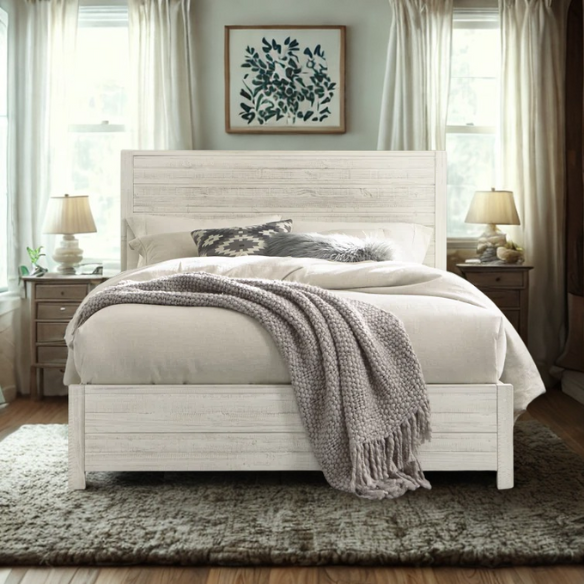 Rustic Solid Pine Wood King Size Panel Bed with Distressed Finish and Streamlined Headboard