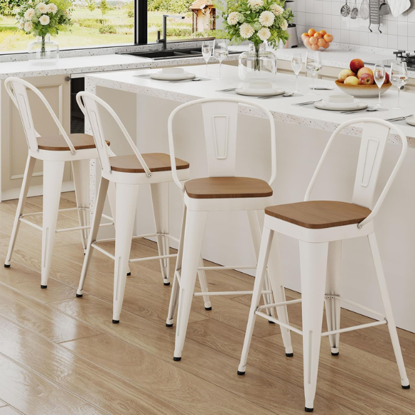 Set of 4 Farmhouse Counter Height Bar Stools – Rustic Industrial Style with Removable Backrest, Heavy-Duty Steel Frame, and Scratch-Resistant Finish