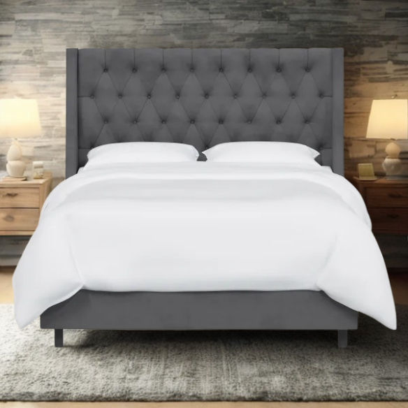 Chic Upholstered Wingback King Size Bed with Button Tufting and Nailhead Trim