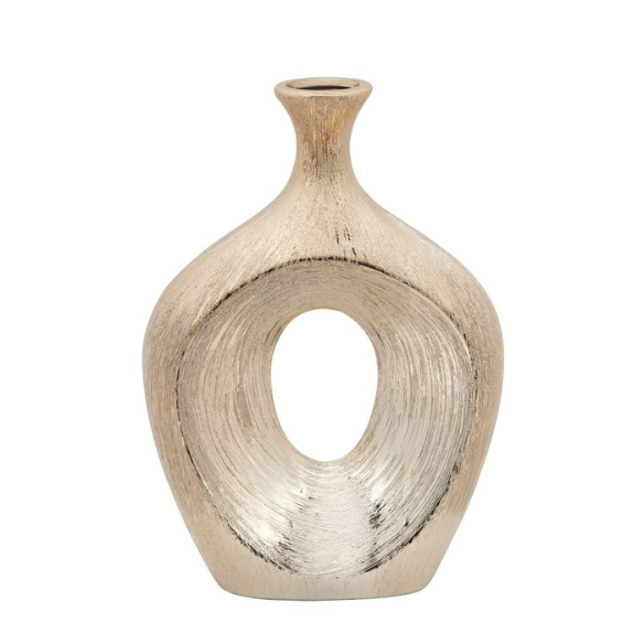 Abstract Sculptural Ceramic Vase with Unique Oval Cut-Out Design – 13" Modern Beaded Accent Vase for Tabletop or Shelf Décor, Ideal for Faux Florals and Statement Styling