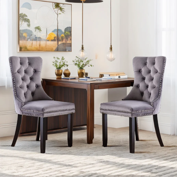 Upholstered Tufted Dining Chairs with Curved Back & Nailhead Detail – Set of 2