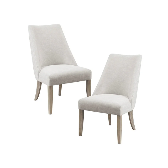 Beige High Back Upholstered Dining Chairs (Set of 2) with Weathered Rustic Wood Legs – Farmhouse Style Seating