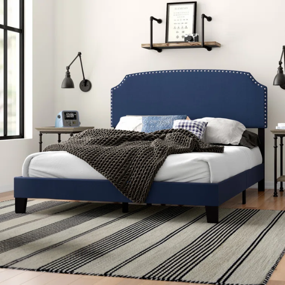 King Size Upholstered Standard Bed with Scooped Corner Headboard, Nailhead Trim, and Extra Support Feet – Classic Design with Adjustable Base Compatibility
