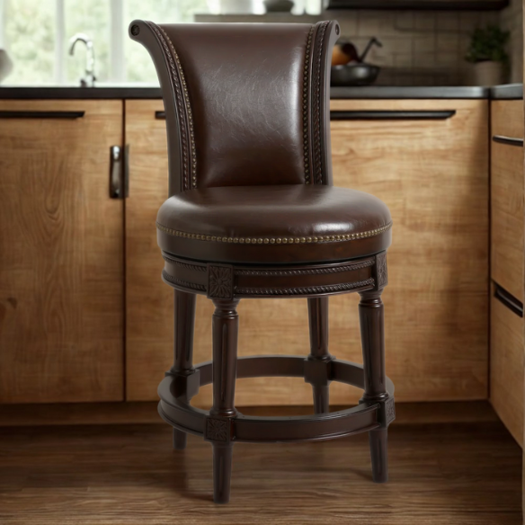 Swivel Bar-Height Stool with High Seat Back – Elegant Curved Back, 180° Automatic Return Swivel, Nail Head Trim, Metal Footrests, and Cushioned Foam Seat for Ultimate Comfort