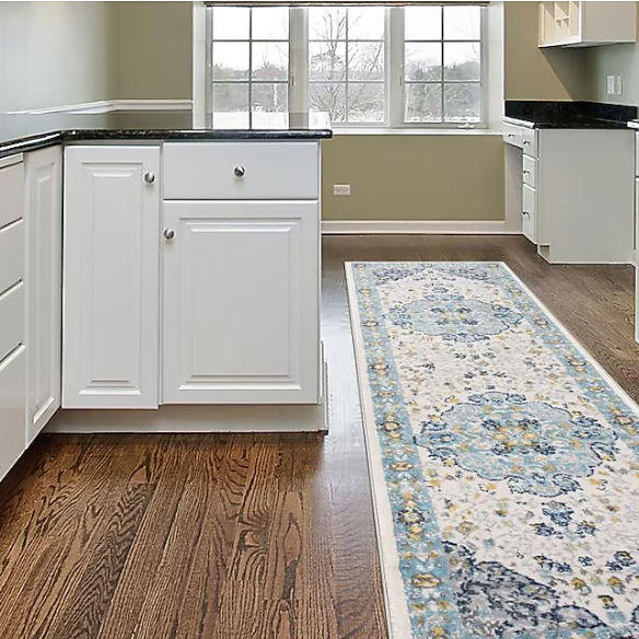 Distressed Oriental-Inspired Indoor Rug – Blue, Yellow & Cream Medallion Pattern, Stain-Resistant, Fade-Resistant, Perfect for Traditional & French Country Décor