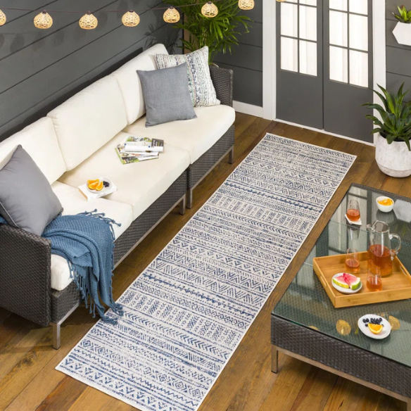 Striped Geometric Area Rug – Blue & Cream White, Durable Polypropylene, Low-Pile Design for High-Traffic Indoor/Outdoor Spaces