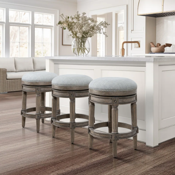 Backless Swivel 26" Counter-Height Bar Stool – Elegant Linen Upholstery with Nail Head Trim, 360-Degree Swivel, and Metal Footrest for Stylish Kitchen or Bar Seating