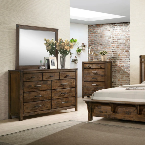 Timeless 6-Piece Brown Rustic Wood Panel Bedroom Set with Modern Design and Inviting Elegance