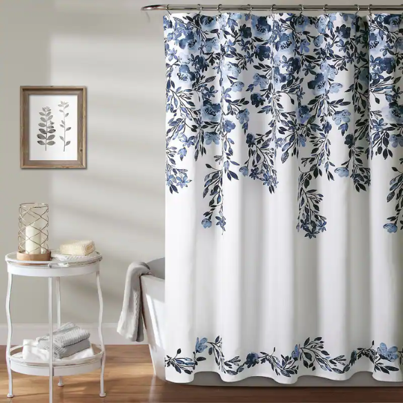 Navy Blue and Grey Floral Vine Shower Curtain – Shabby Chic Farmhouse Style, 72" x 72"