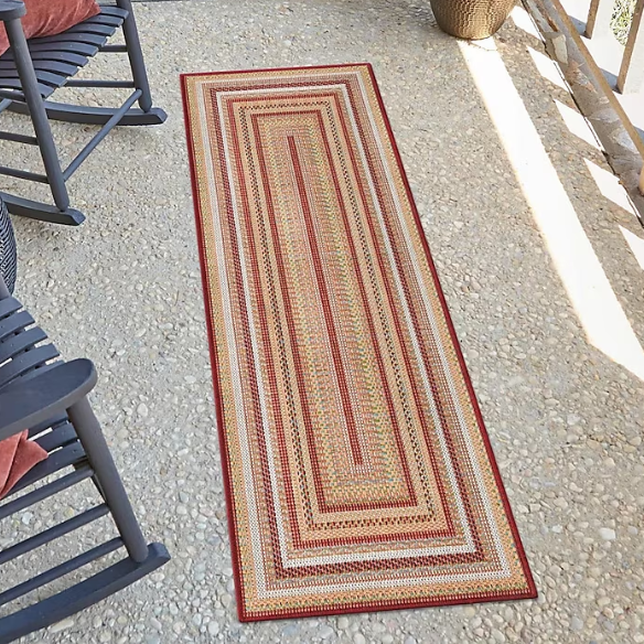 Coastal-Inspired Geometric Rug – Fade & Stain-Resistant, Burgundy,Ivory,Orange,Green,Blue Pattern, Ideal for Indoor/Outdoor Use