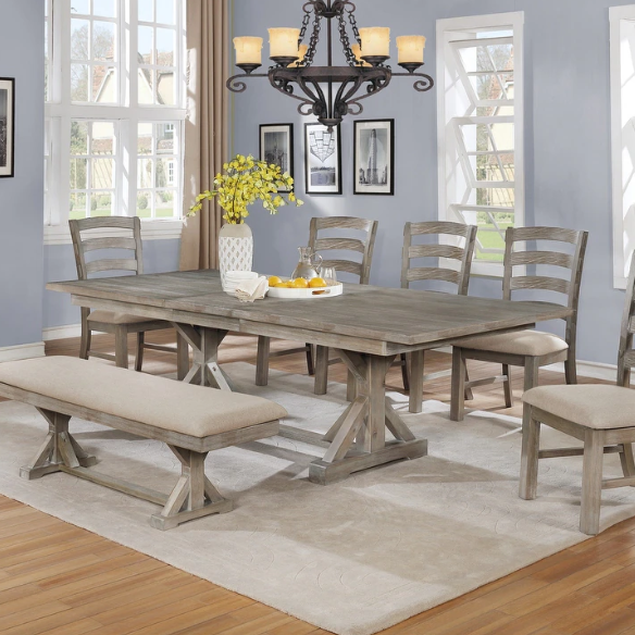 7-Piece Rustic Trestle Dining Set – Upholstered Chairs & Bench