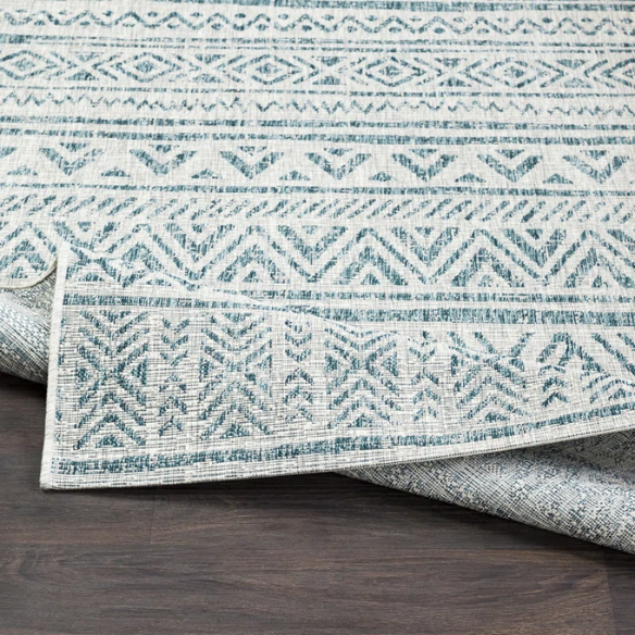 Striped Geometric Area Rug – Aqua & Taupe, Durable Polypropylene, Low-Pile Design for High-Traffic Indoor/Outdoor Spaces