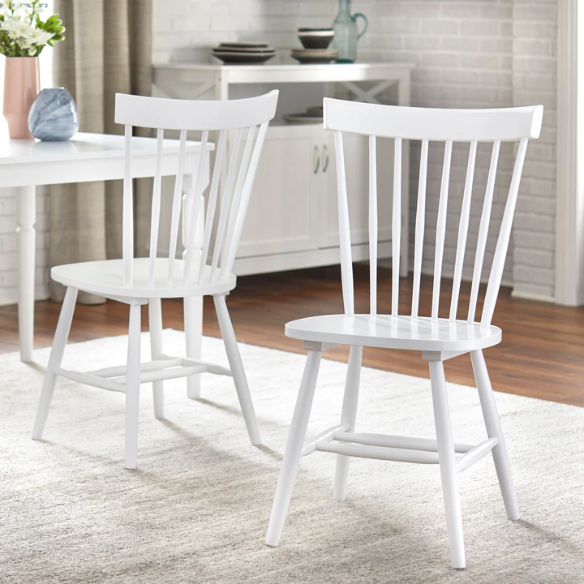 White Farmhouse Spindle Back Dining Chairs – Set of 2, Solid Rubberwood
