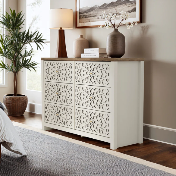 Boho-Inspired 45.4" 6-Drawer Dresser with Distressed Finish and Openwork Floral Details