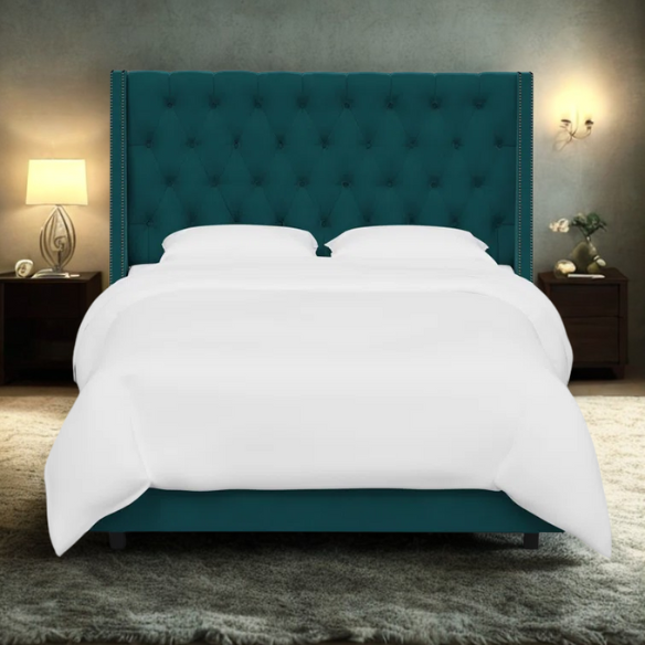 Chic Upholstered Wingback King Size Bed with Button Tufting and Nailhead Trim