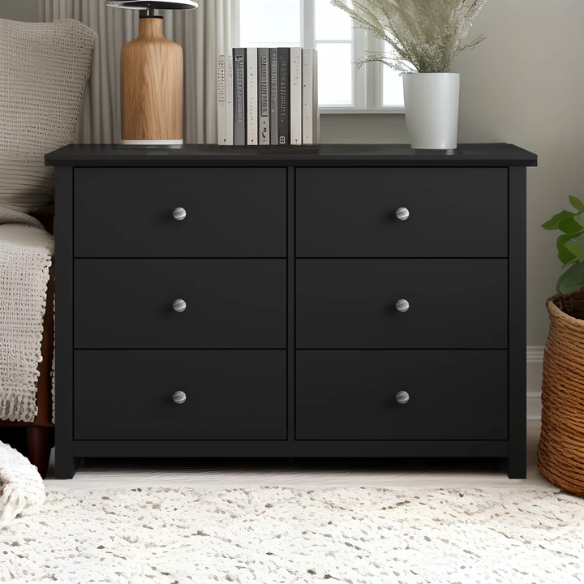 Modern 6-Drawer Double Dresser with Angled Sled Legs and Round Metal Hardware